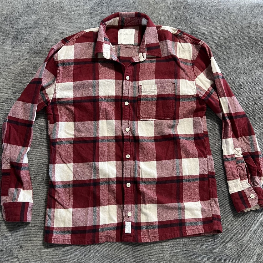 Hollister Button Down Flannel Shirt Mens M Plaid 100% Cotton Casual White & Red